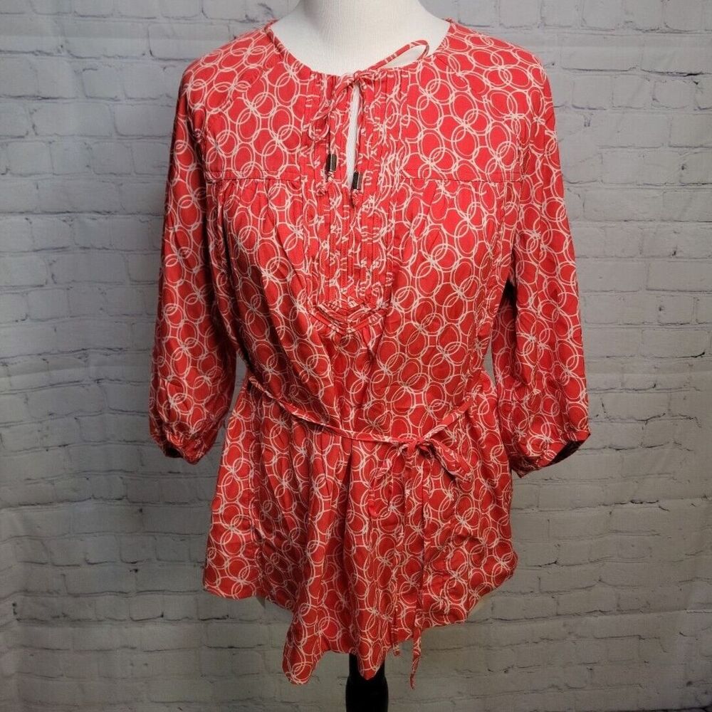 Motherhood Maternity Blouse Sz Med Geometric Boho Tunic V Neck Belt 3/4 Sleeve